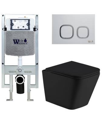 Унитаз с инсталляцией WeltWasser AMBERG 497 ST + GELBACH 043 MT-BL + AMBERG RD-WT черный матовый/кнопка белая-хром