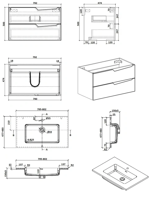 PARLY Тумба Rhea80 подвесная с раковиной 800x480x550