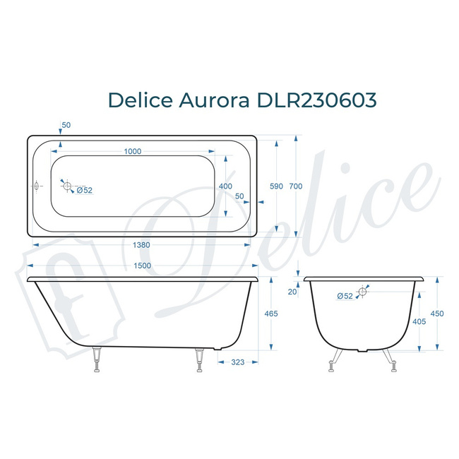 Delice Aurora 150х70 (в комплекте только ванна, без ножек и слива-перелива)