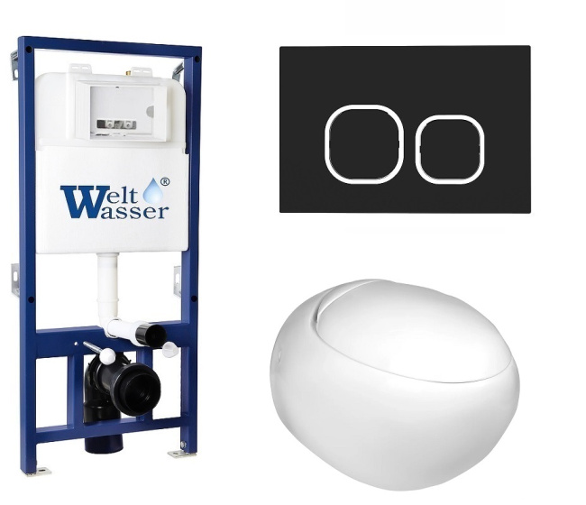 Унитаз с инсталляцией WeltWasser BAMBERG 525+JECKENBACH 004 GL-WT+BAMBERG BL белый/кнопка черная, безободковый, с крышкой микролифт