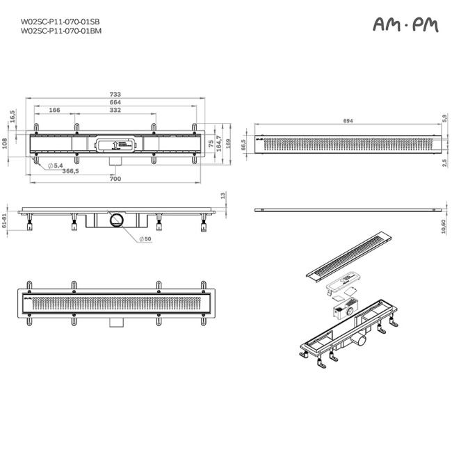 Am.Pm PrimeFlow 70 W02SC-P11-070-01BM с Черной матовой решеткой Cut Gradient