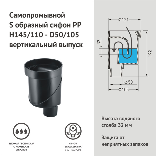 BERGES водосток В1 Keramik 500, матовый хром, S-сифон D50/105 H50 вертикальный
